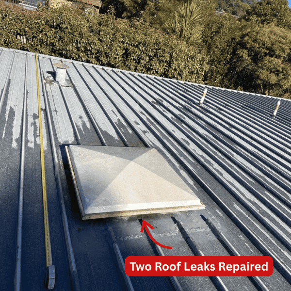 Image Annotated: Flat metal roof where two leaking areas were repaired at a large Canberra home. Wide view of the flat metal roof at a single-storey home in Chapman.